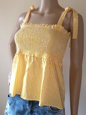 Yellow Stripe Smocked Tie-Shoulder Cami Small